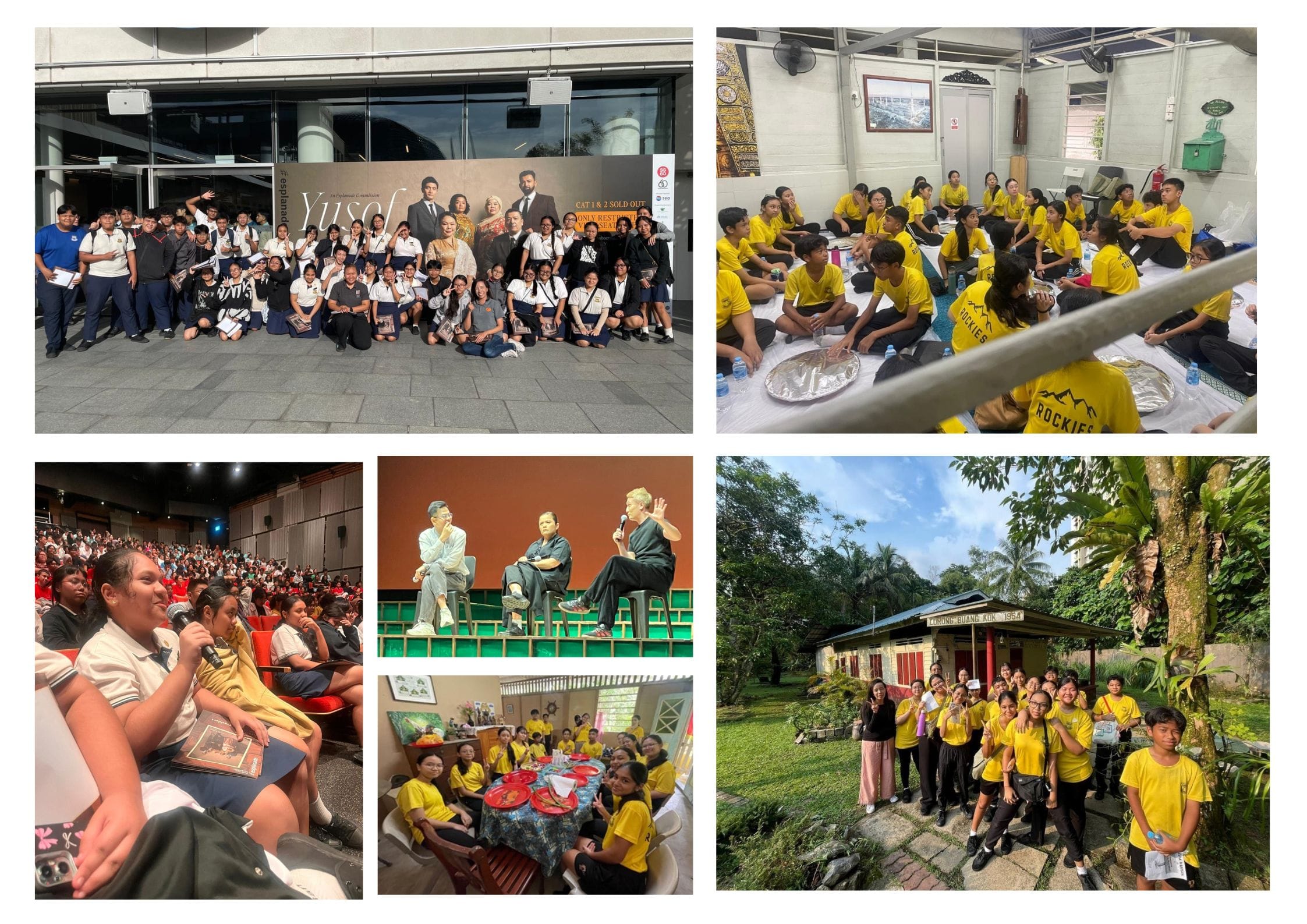 Students in yellow shirts on a school trip, posing outside a Yusof theatre, attending talks, and visiting a heritage house.