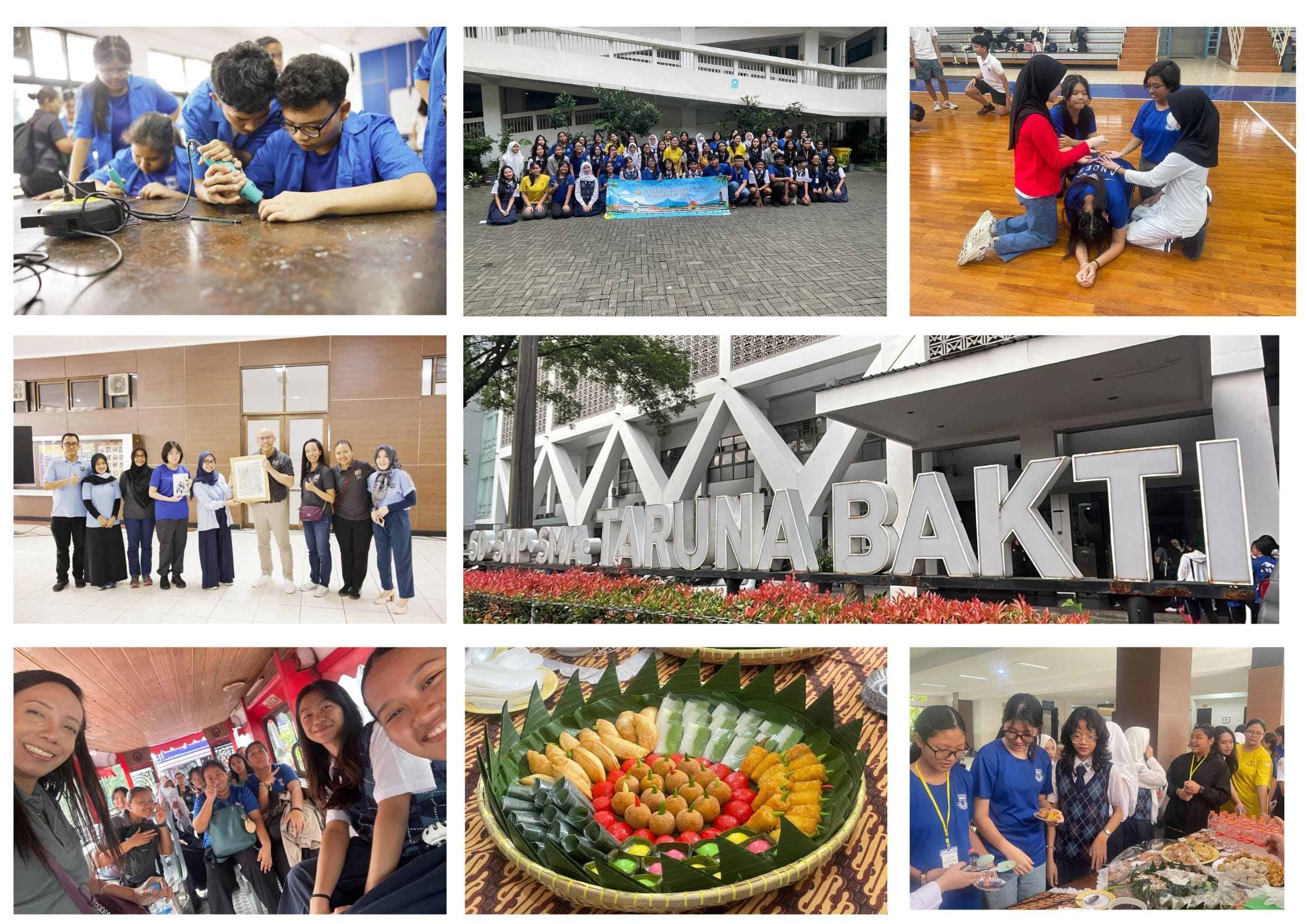 Collage of students at Taruna Bakti school doing activities including soldering, group photos, first aid, and a food display.