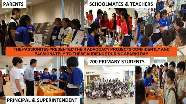 Students presenting advocacy projects to parents, teachers, principal, superintendent, and 200 primary students during Spark! Day.