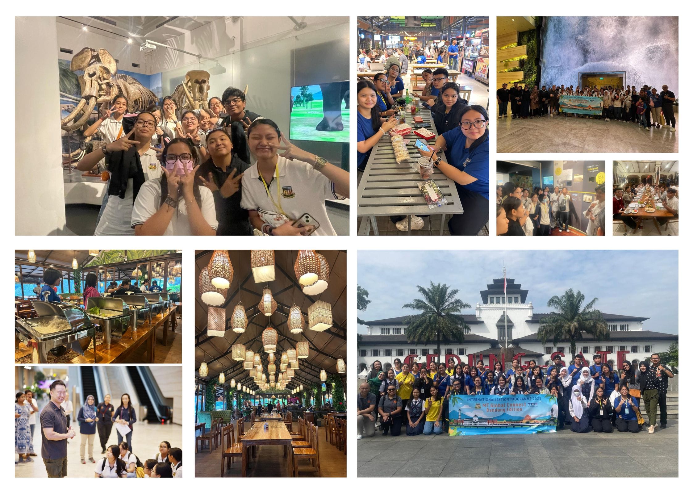 A collage of students on a trip in Bandung, Indonesia, visiting a museum, dining, and posing at a colonial building.