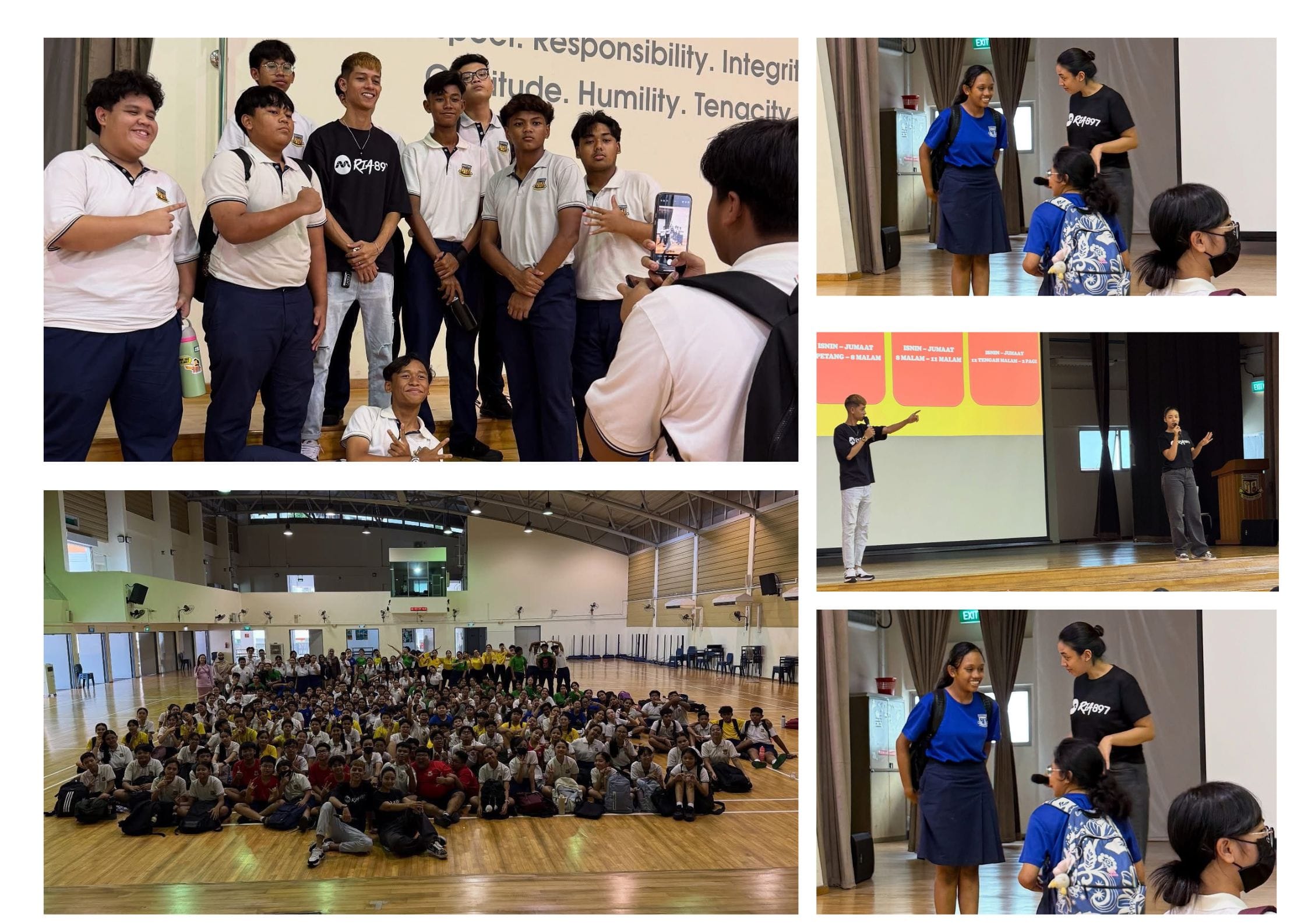 Students gather for group photos and a presentation in a school hall, with adults in Ria897 shirts interacting with them.