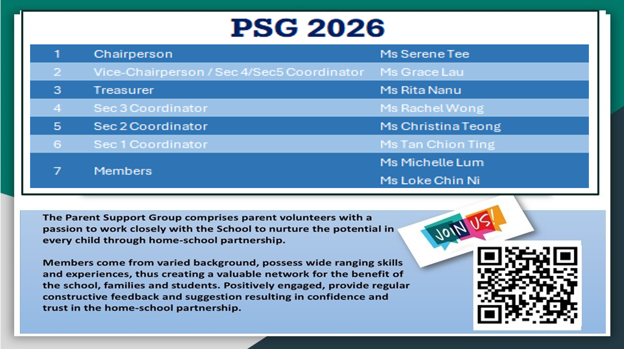 PSG 2026 committee member list with roles and names, a Join Us note, and a QR code for the Parent Support Group.