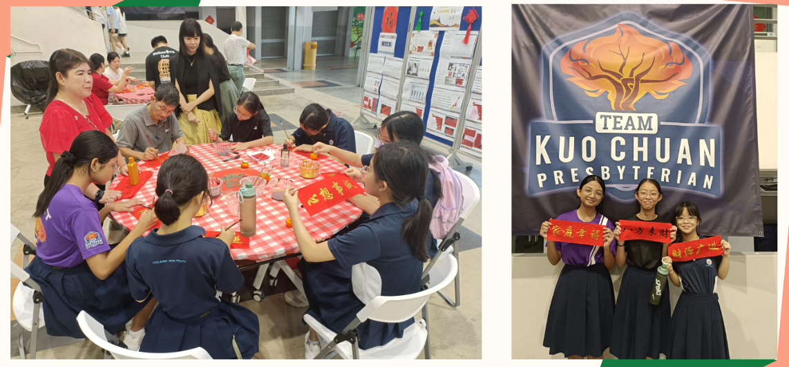 Students at a crafting table and three girls holding red banners in front of a Team Kuo Chuan Presbyterian banner.