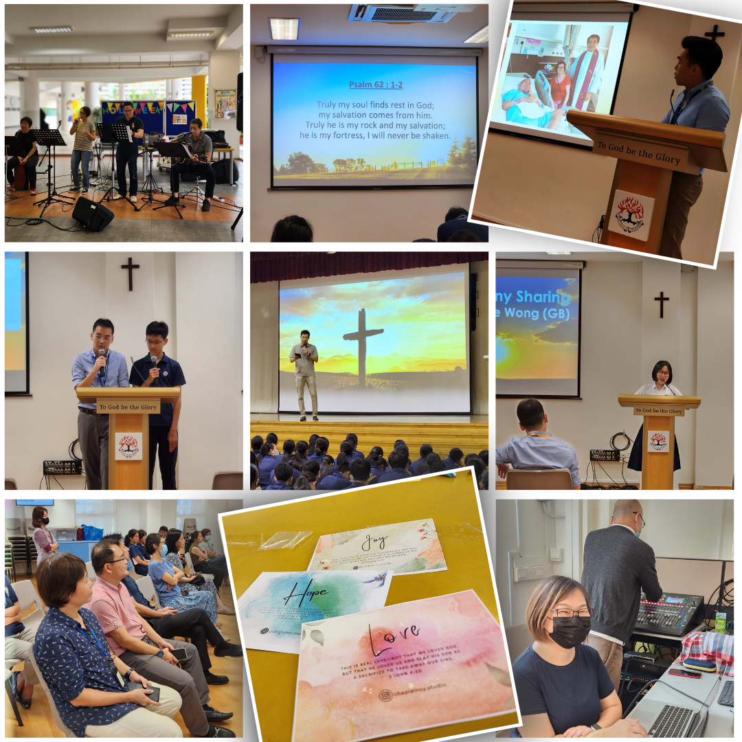 Collage of church event photos showing speakers at pulpits, worship band, congregation, and cards labeled Joy, Hope, and Love.