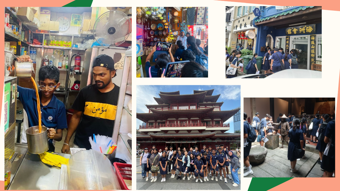 Collage of students on a cultural field trip in Singapore, visiting a temple, shops, and watching tea pouring.