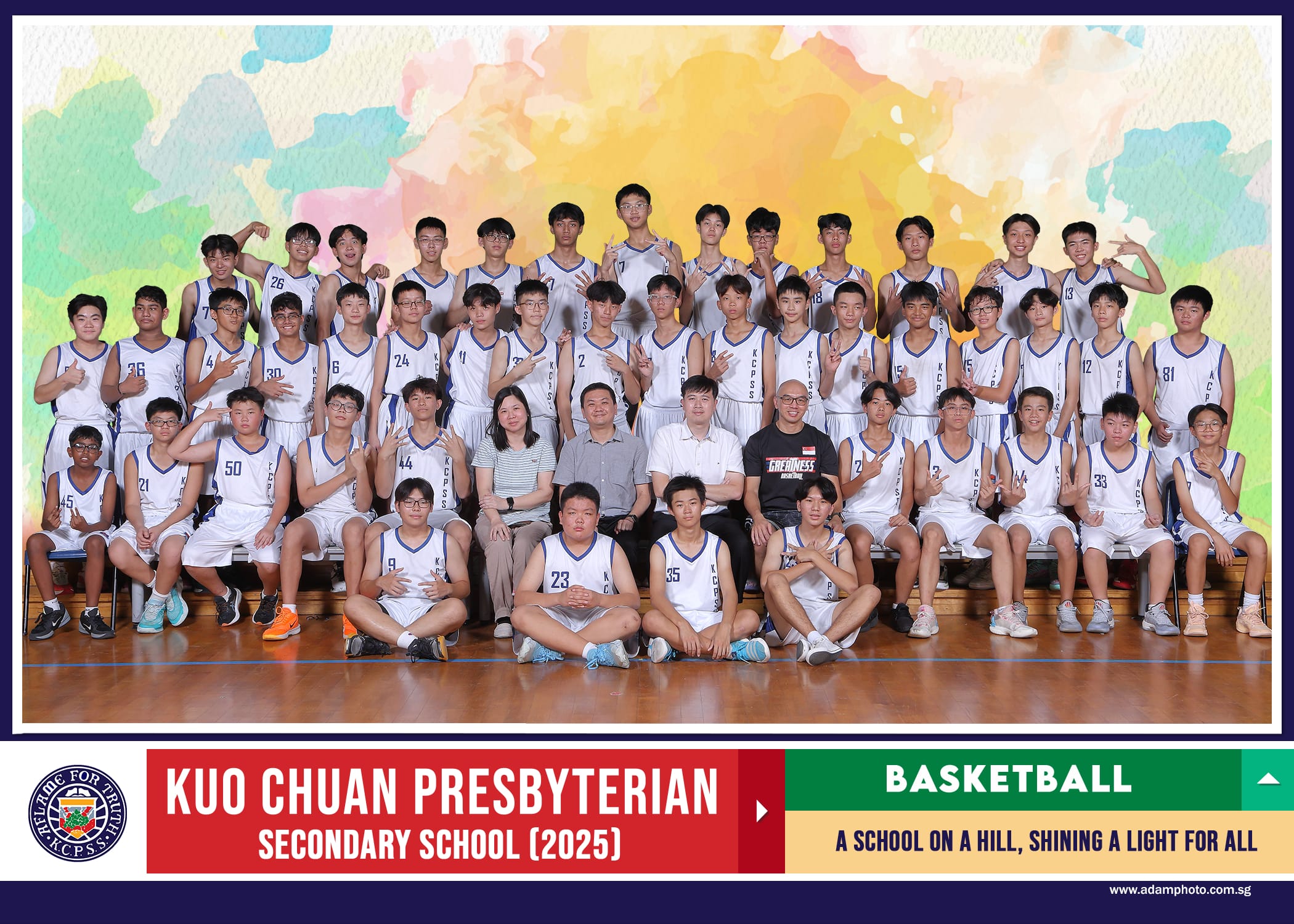 Kuo Chuan Presbyterian Secondary School 2025 basketball team group photo with students and coaches in white uniforms.
