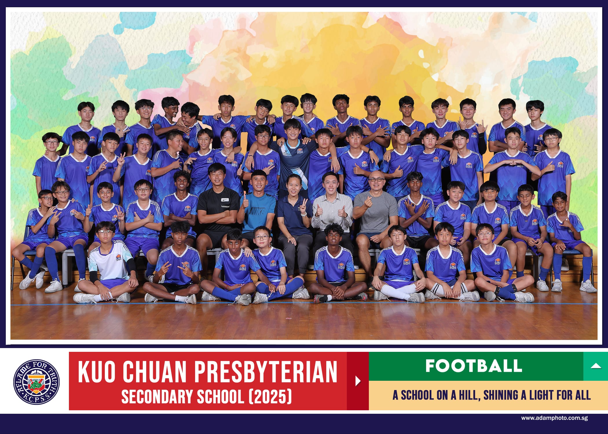 Group photo of Kuo Chuan Presbyterian Secondary School 2025 football team in blue uniforms with coaches.
