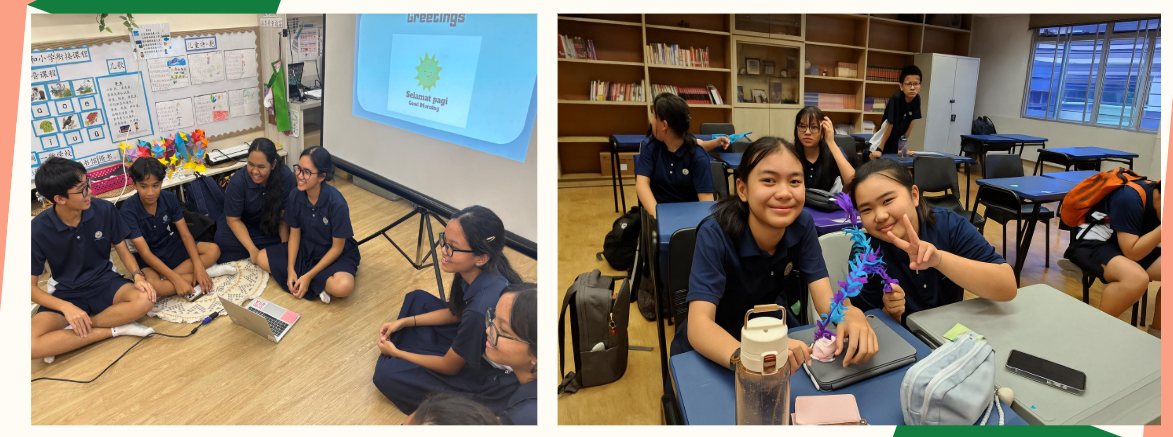 Students in navy uniforms sit on a floor with a laptop by a projector screen, while others pose smiling at desks.