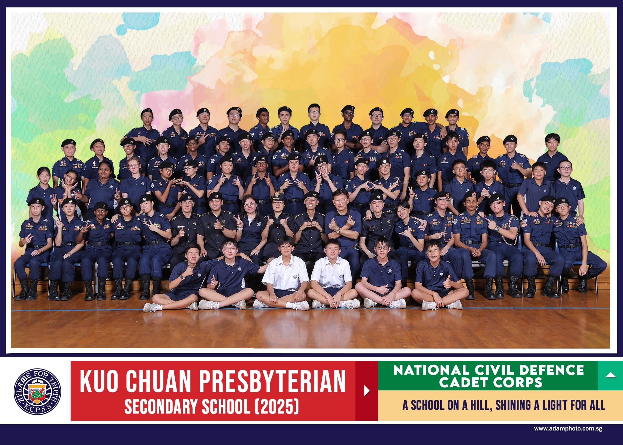 Group photo of Kuo Chuan Presbyterian Secondary School 2025 National Civil Defence Cadet Corps members in uniform.
