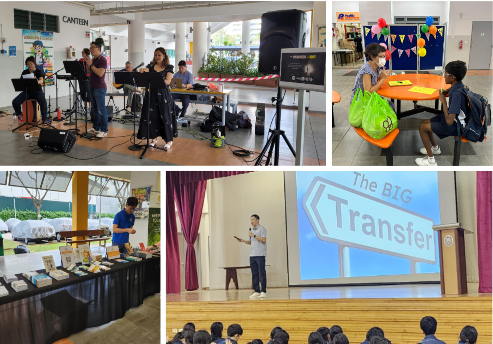 Four scenes: canteen performance, student at table, book display, and speaker presenting "The BIG Transfer" slide to audience.