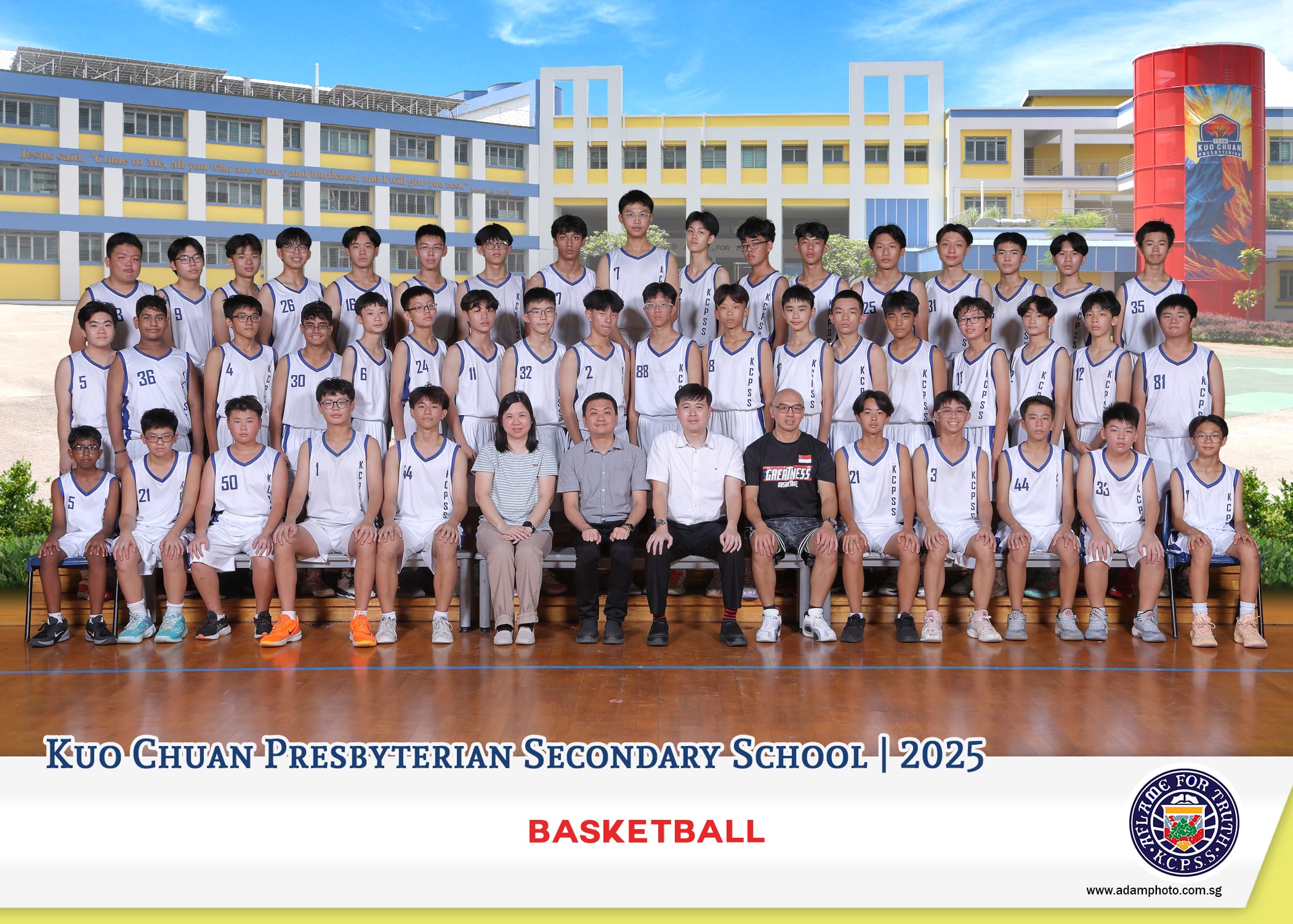 Group photo of Kuo Chuan Presbyterian Secondary School 2025 Basketball team in white uniforms with coaches.