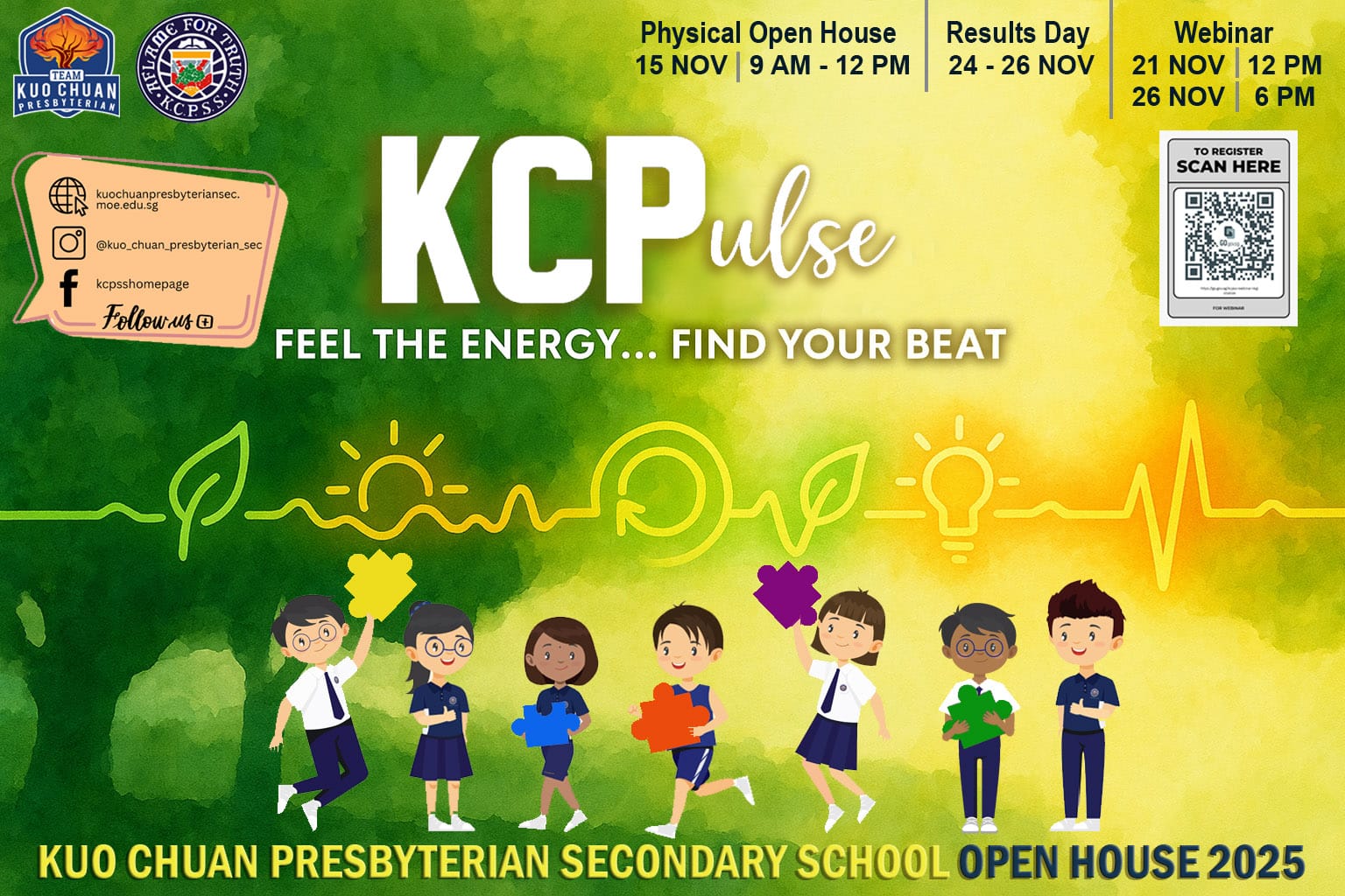 Kuo Chuan Presbyterian Secondary School Open House 2025 flyer with cartoon students holding puzzle pieces on green background.