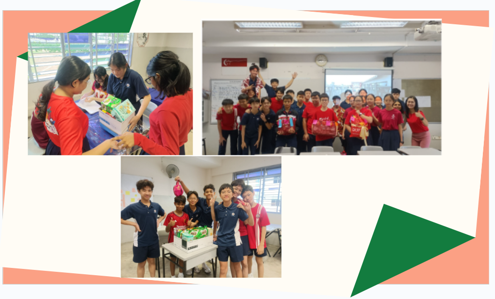 Three classroom scenes showing students in red and blue uniforms posing and exchanging gift boxes.