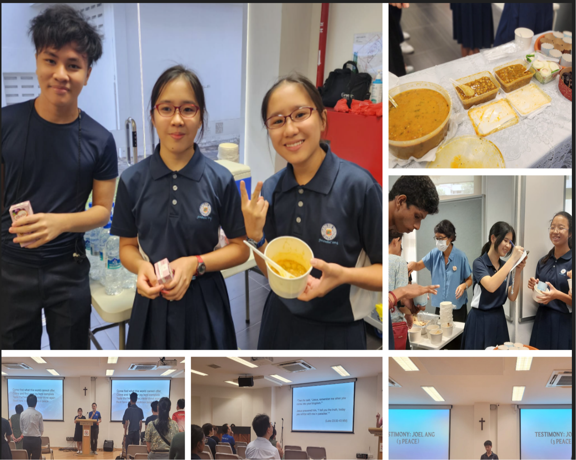 Students in navy uniforms smile, share food, and attend a presentation with projected scripture slides in a hall.