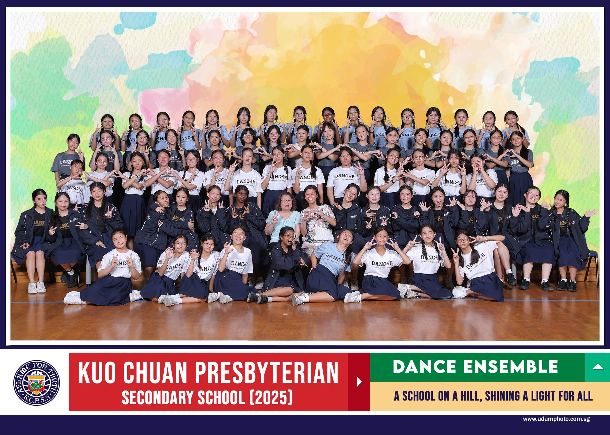 Group photo of Kuo Chuan Presbyterian Secondary School 2025 Dance Ensemble students posing indoors.