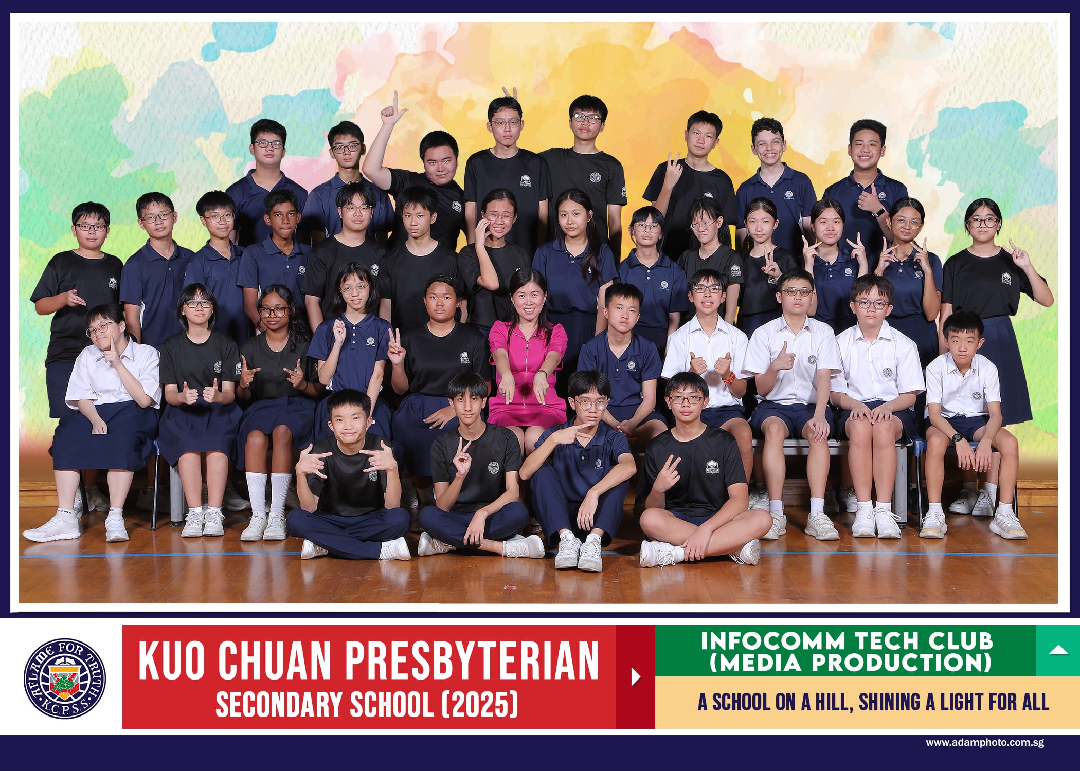Group photo of students and a teacher from Kuo Chuan Presbyterian Secondary School Infocomm Tech Club 2025.