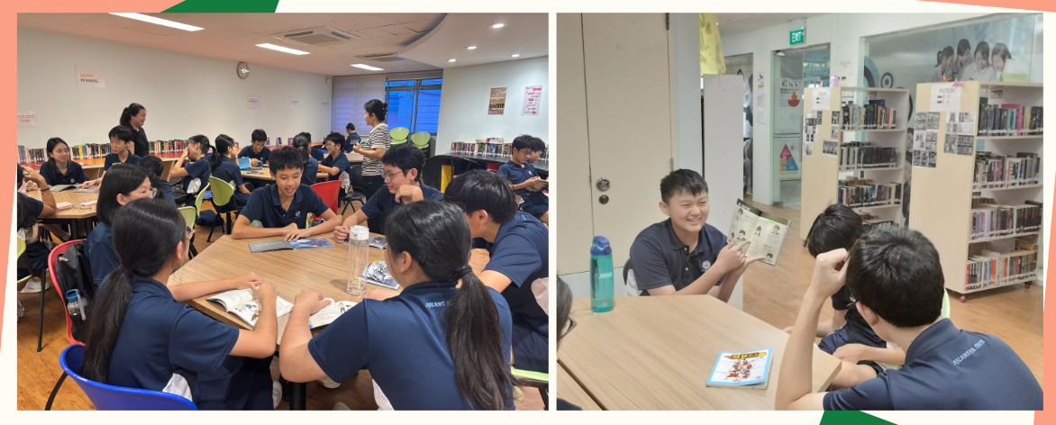 Students in navy uniforms sit at tables in a school library, reading and discussing books in groups.
