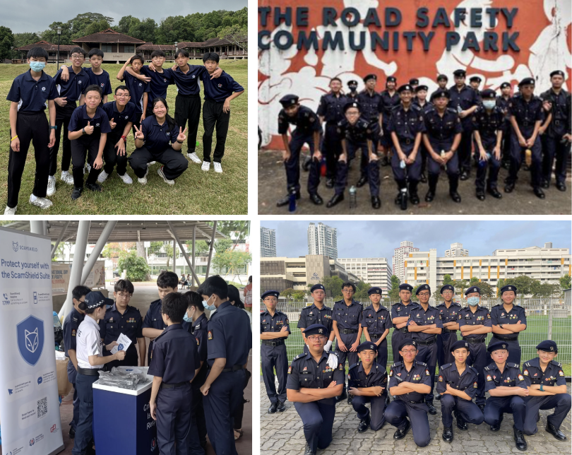 Four photos of youth in dark uniforms posing outdoors, at Road Safety Community Park, and at a ScamShield booth.