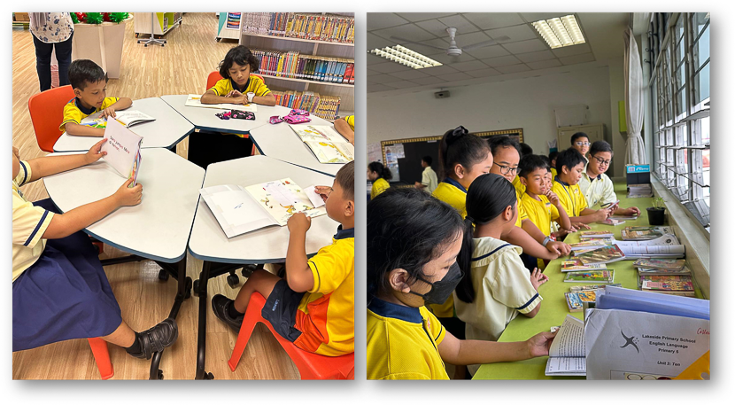 Students in yellow uniforms read books at a round table in a library and browse books along a row of desks.
