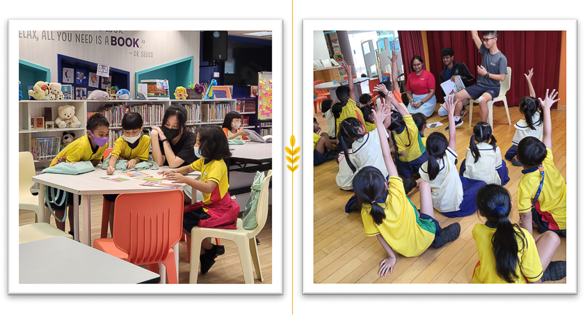 Children in yellow uniforms read at a library table, and a group raises hands toward seated adult instructors.