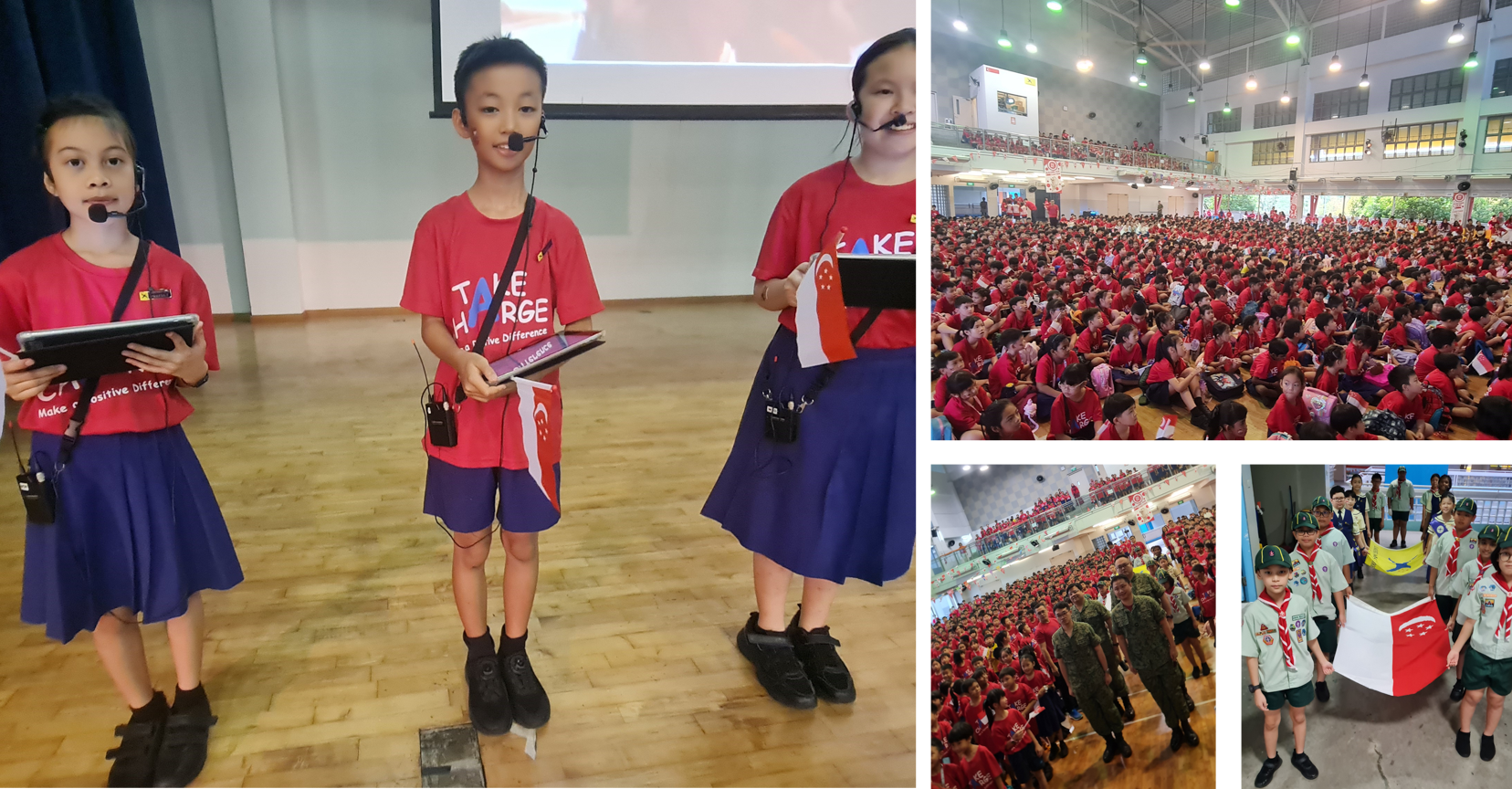 Three children with headset mics present on stage while a large crowd of students in red shirts fills a school hall.