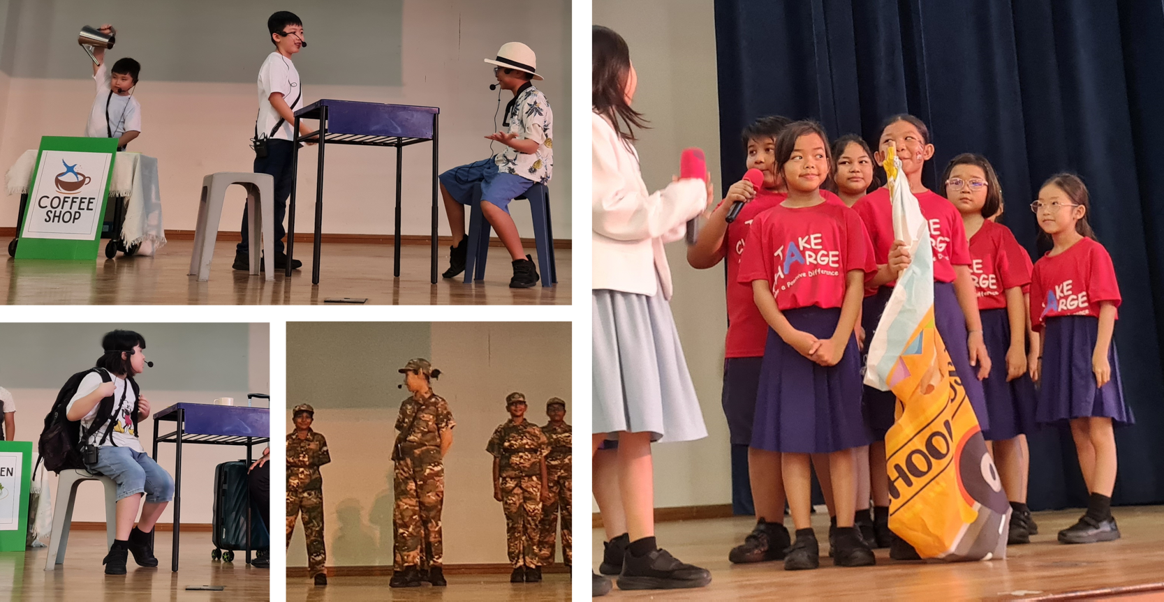 Children performing school skits on stage, wearing costumes including camouflage uniforms and red Take Charge t-shirts.