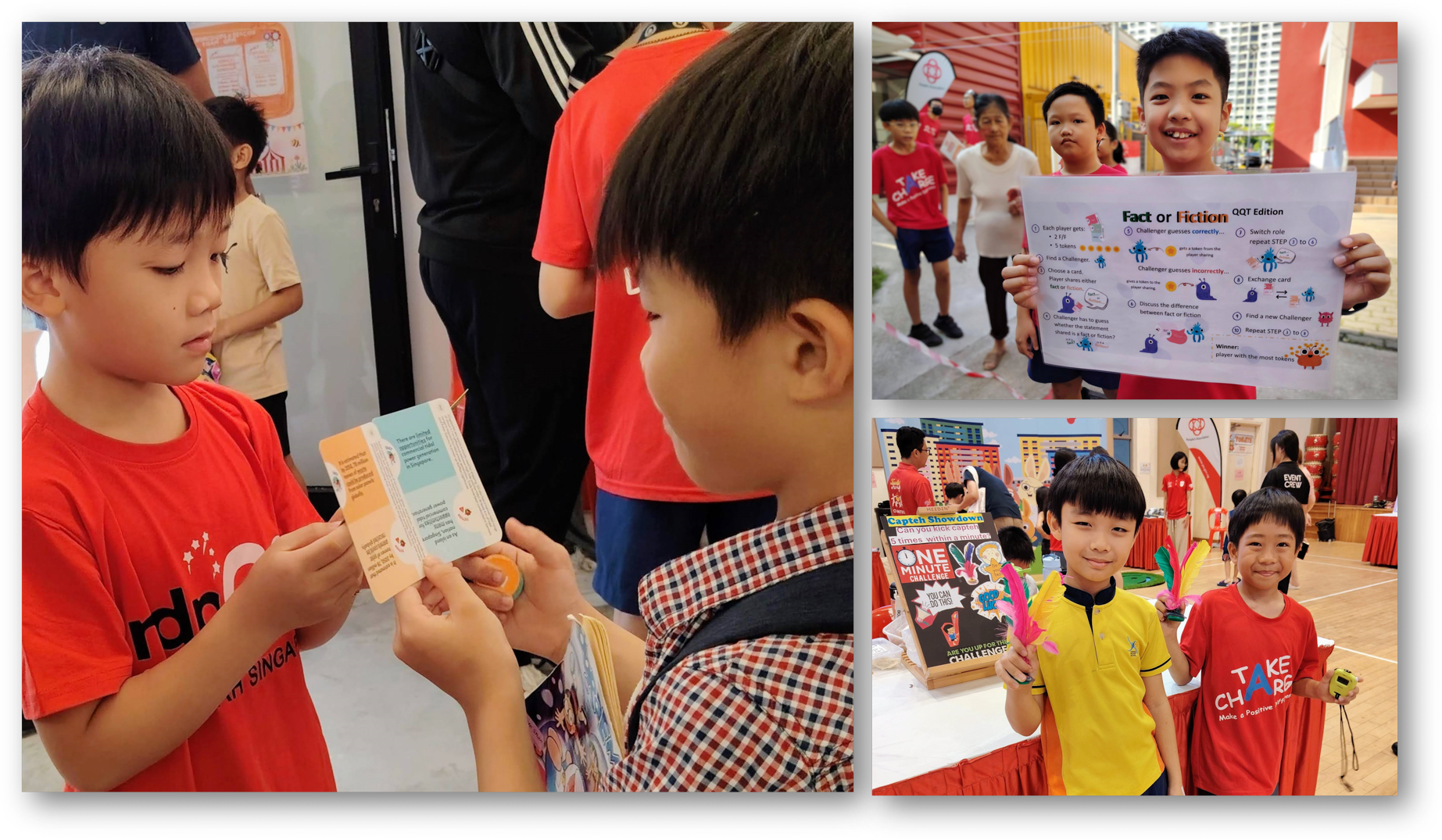Children at a school event playing card games, holding a Fact or Fiction poster, and smiling at activity booths.