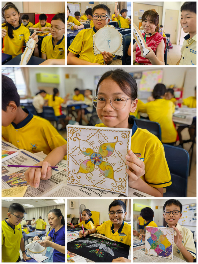 Students in yellow uniforms doing craft activities, holding embroidery hoops and colorful painted artwork in a classroom.