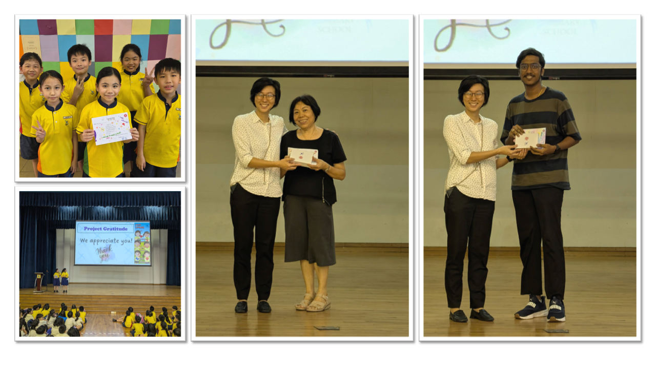 Students in yellow uniforms pose with a certificate, while adults exchange gifts on stage at a Project Gratitude school event.