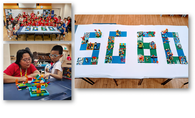 Children and adults build LEGO bricks arranged into the letters SG60 on a table, with group and close-up photos.