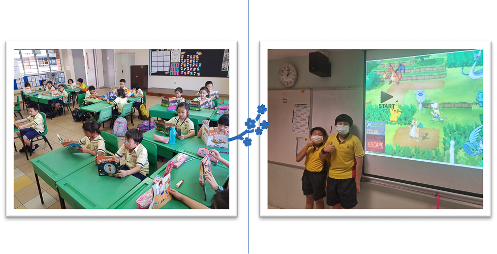 Extensive reading programme (left). National Memory Game Competition for Foundational Chinese Language students (right).