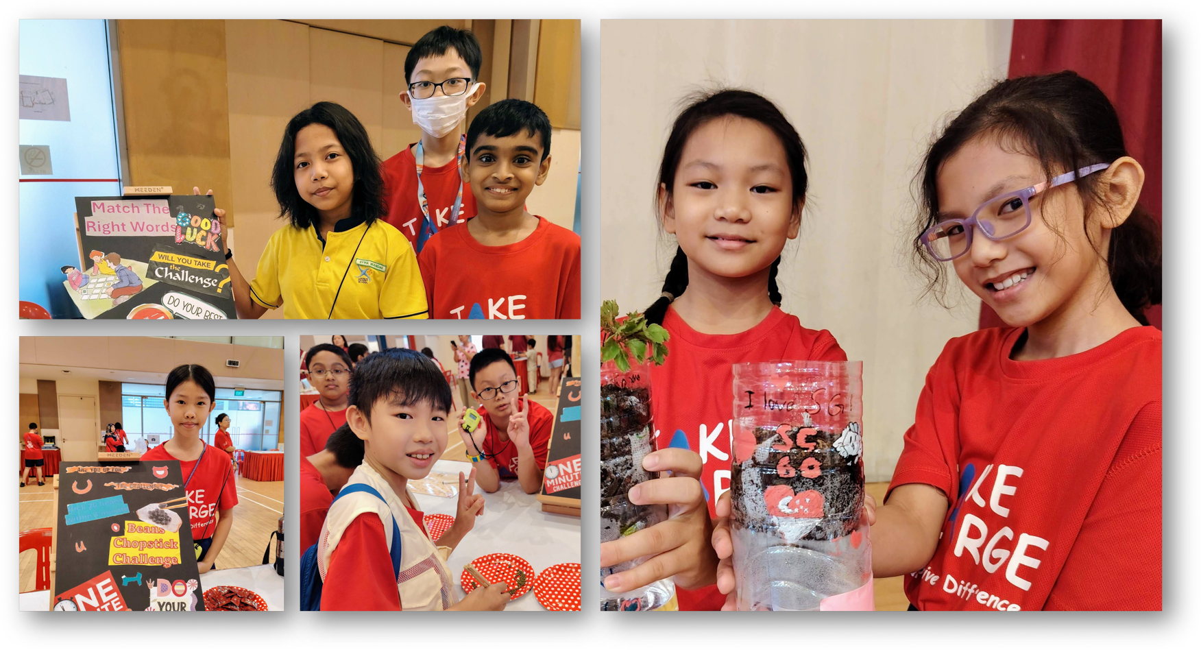 Children in red shirts participate in school challenge activities, displaying project boards and a plastic bottle terrarium.