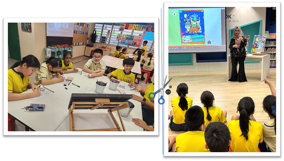 Students in yellow uniforms draw at a table while another group watches a teacher present a colorful book on a screen.