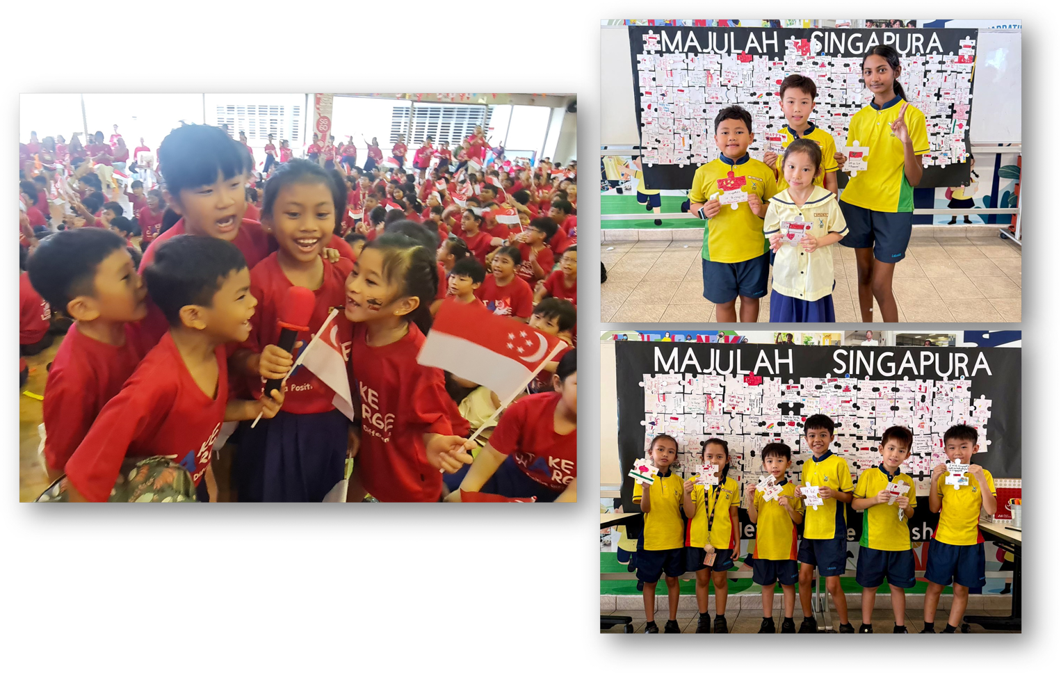 Children in red and yellow uniforms celebrate Singapore's National Day, holding flags near a Majulah Singapura puzzle board.