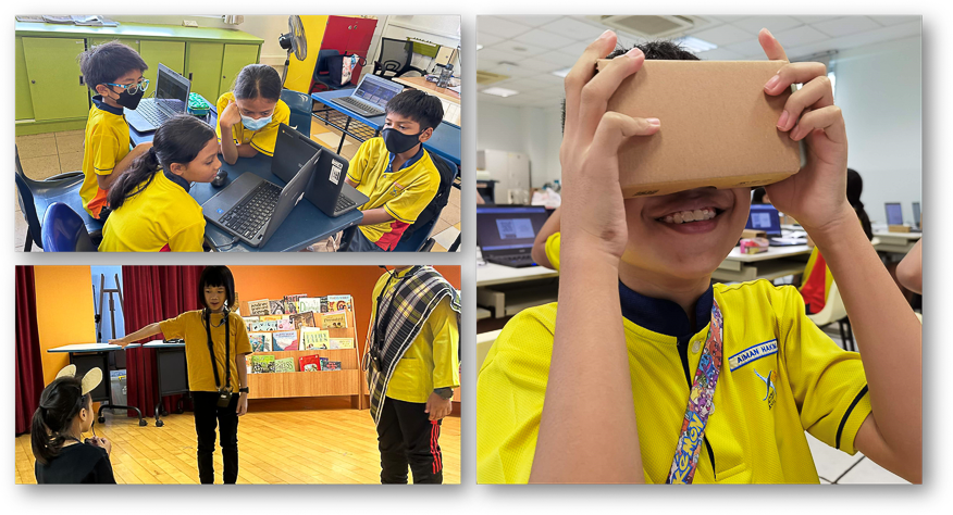 Connecting minds, one click at a time! Mastering ICT and collaborating like pros! #TechSavvy #CollaborationNation (top left). Lights, camera, action! Our students are stepping into their roles and owning it like true stars! (bottom left). Virtual adventures await! Step into new worlds and learning like never before with VR goggles! #BeyondTheClassroom #VirtualLearning (right)
