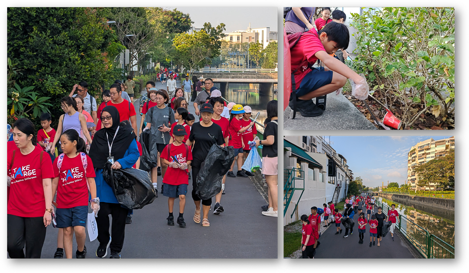 Group in red Take Charge shirts walking a path with trash bags, a child picking up litter near bushes.
