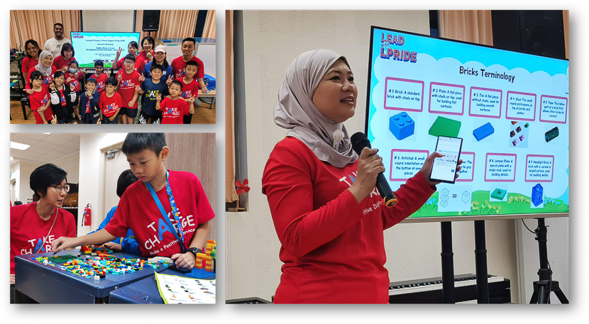 Woman in red hijab presents Lego Bricks Terminology on a screen while children in red shirts build with Lego nearby.
