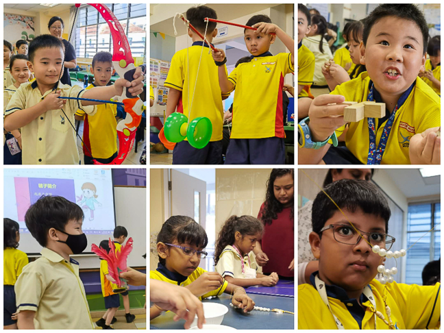 Young students in yellow uniforms engage in various hands-on classroom activities with toys and craft materials.