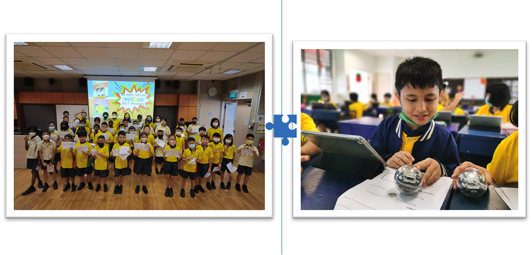 Students in yellow uniforms pose holding papers, and a boy uses a tablet with a small spherical robot at a desk.