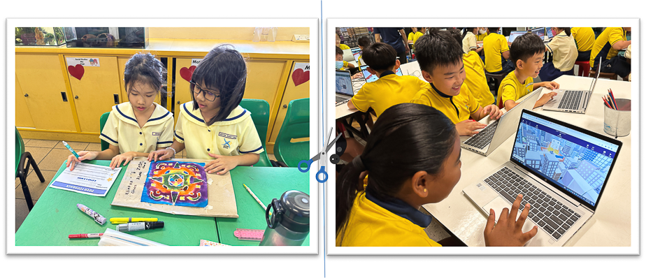 Two girls work on a colorful art project; separately, children in yellow uniforms collaborate on laptops.