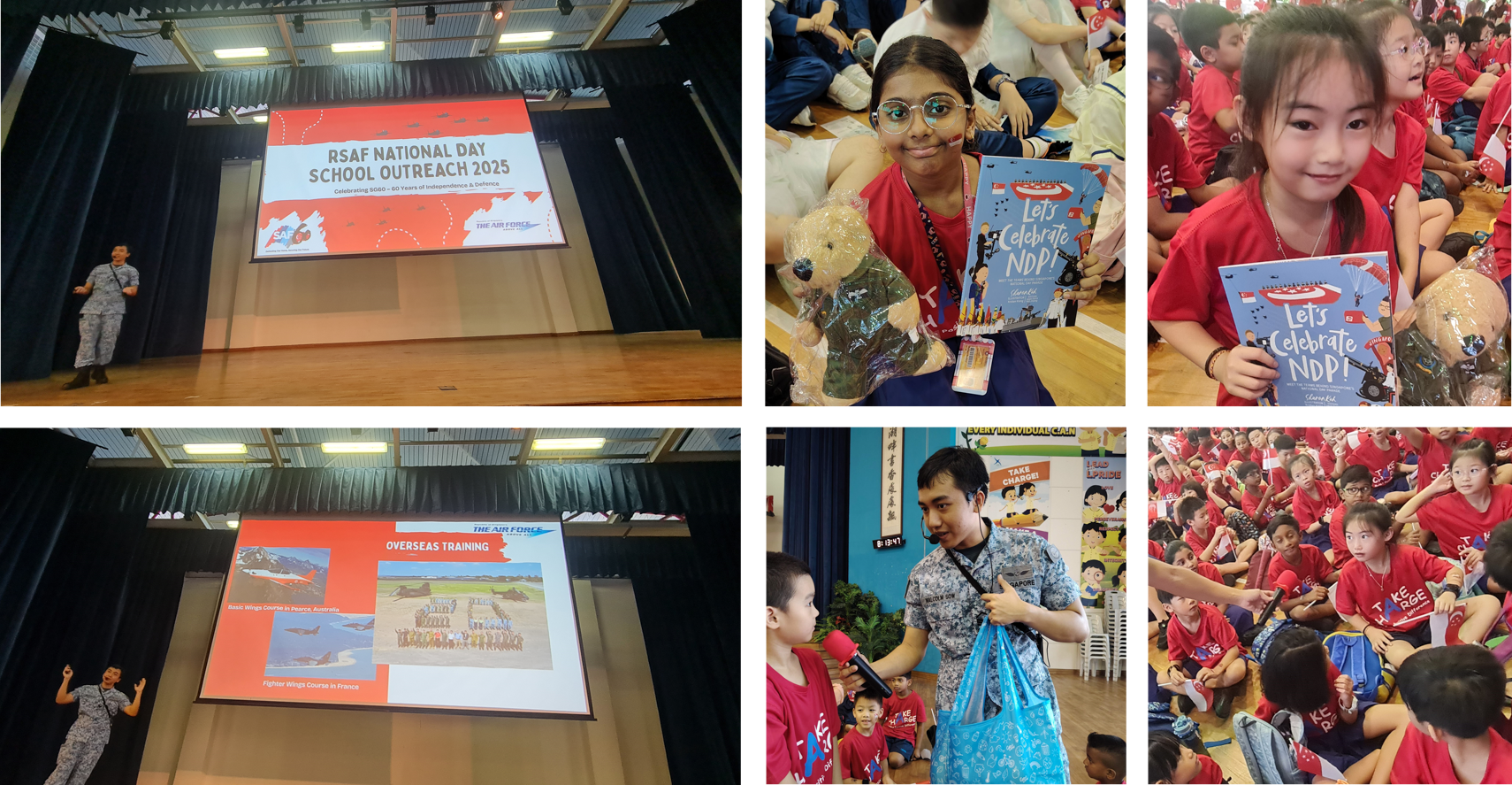 Six photos from RSAF National Day School Outreach 2025 showing a presenter on stage, children holding books, and students in red shirts.