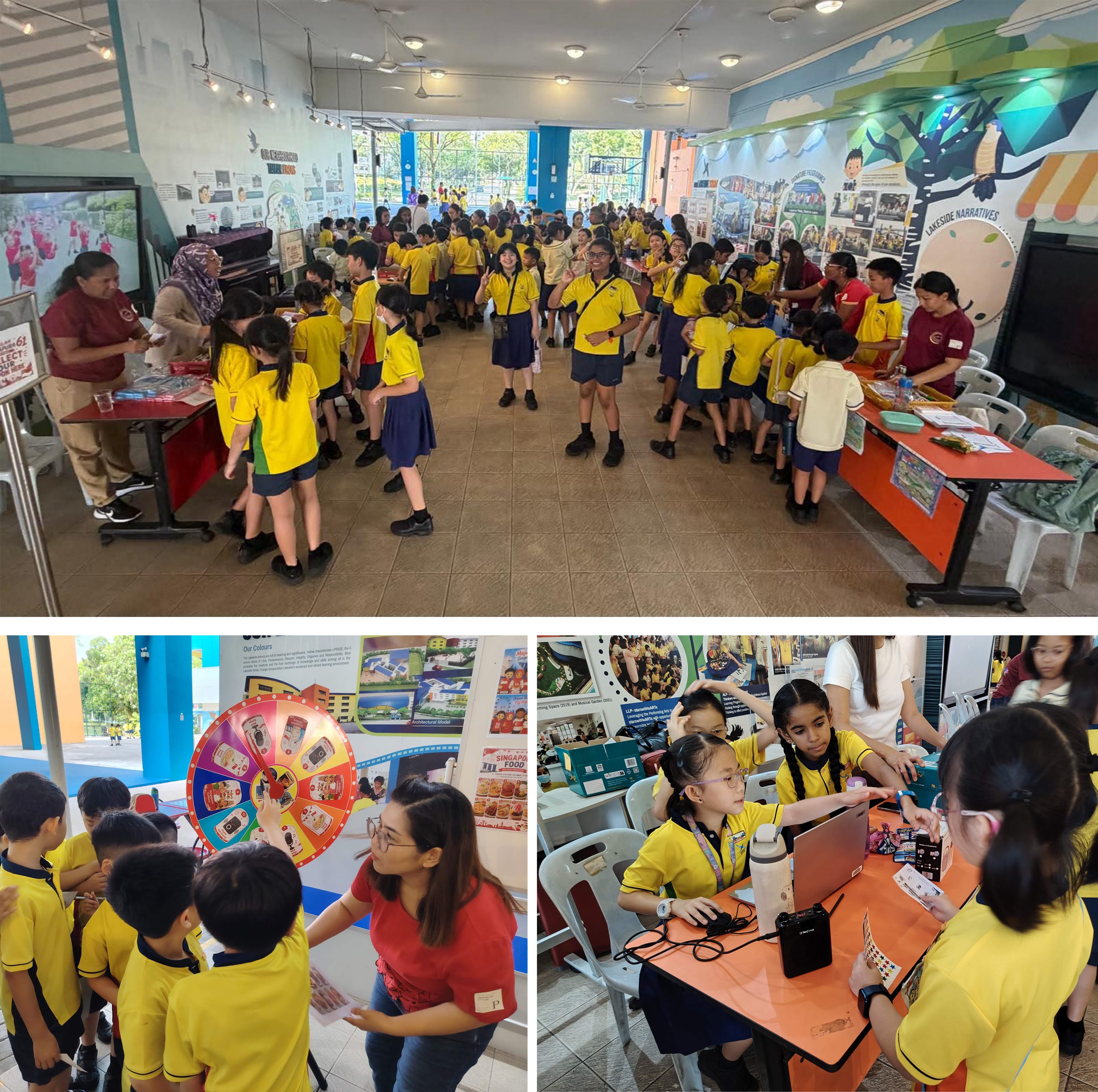 Students take part in a variety of National Day-themed recess booth activities, interacting with displays, games and challenges set up around the school.