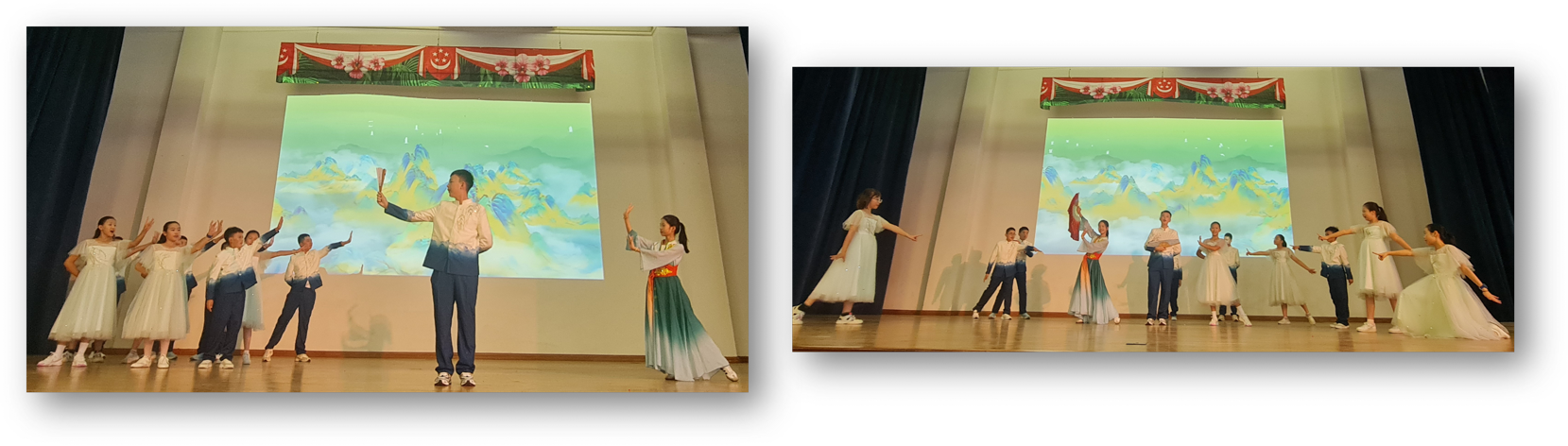 Two photos of children performing a cultural dance on stage with a mountain landscape backdrop and decorative banner above.