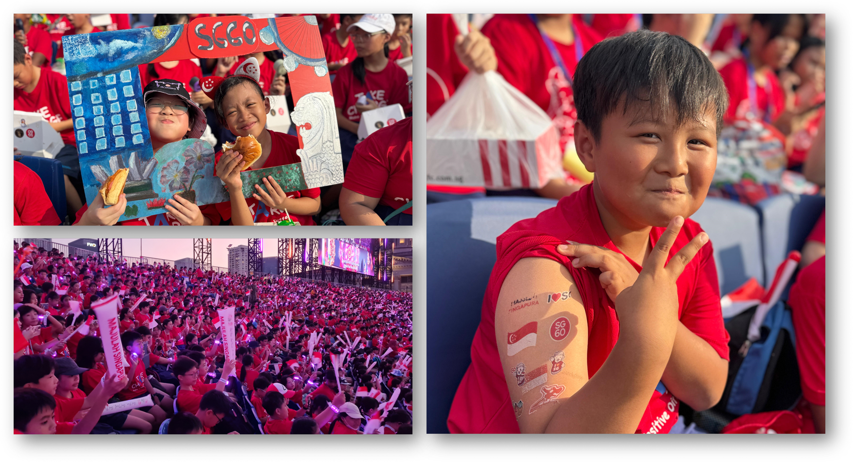 Children in red shirts celebrate Singapore's SG60 event, holding signs and showing Singapore tattoos on their arms.