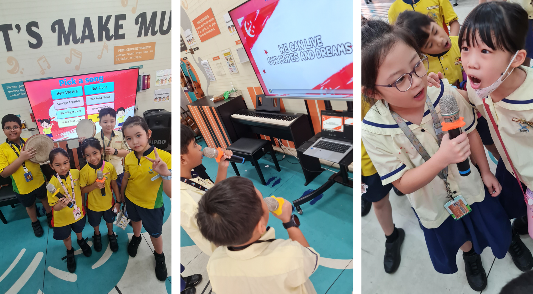 Young students in school uniforms sing into microphones and hold percussion instruments in a music classroom.