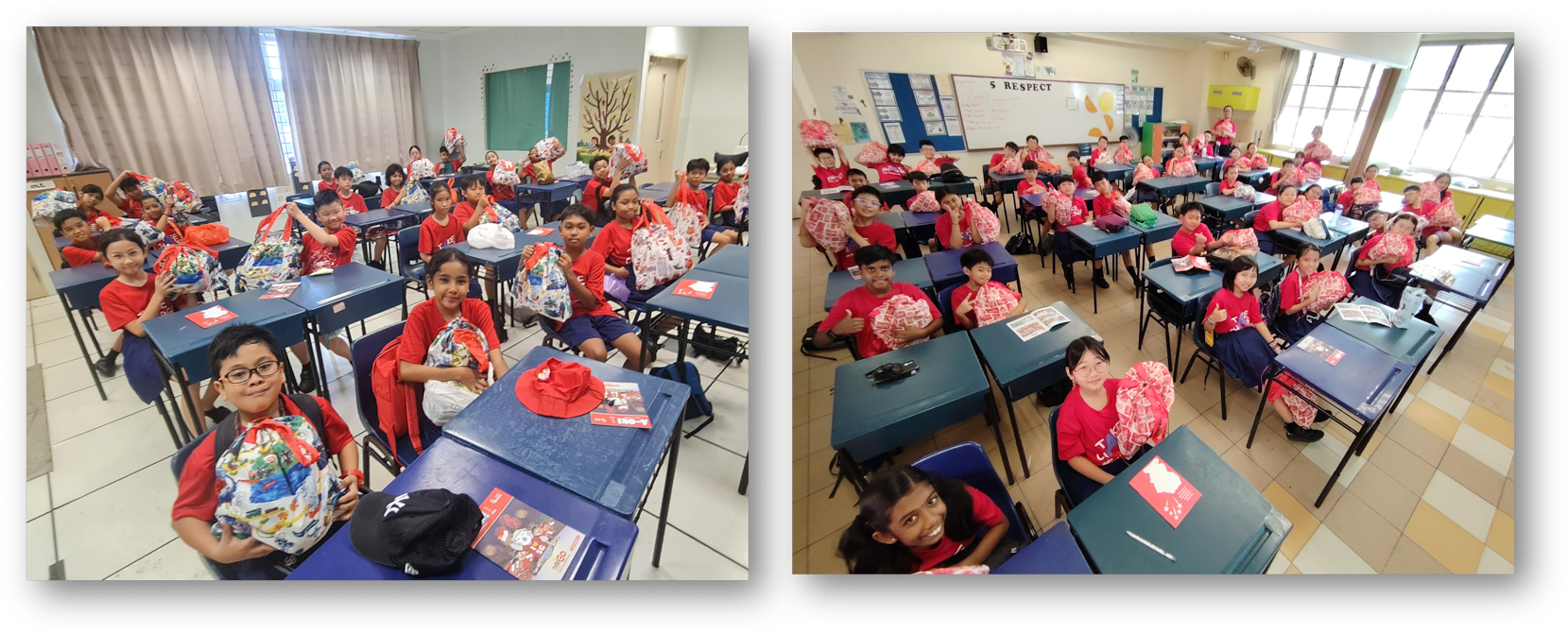 Two classroom photos showing children in red shirts sitting at desks, each holding colorful gift bags.