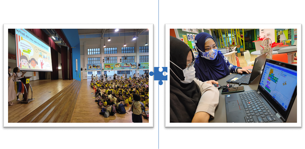 Two scenes: a school assembly with a projected slide, and two masked women working on a laptop with coding software.