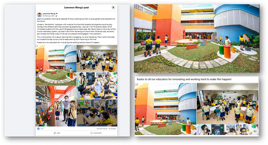 Facebook post by Lawrence Wong showing students and teachers at Lakeside Primary School's outdoor garden and colorful classrooms.