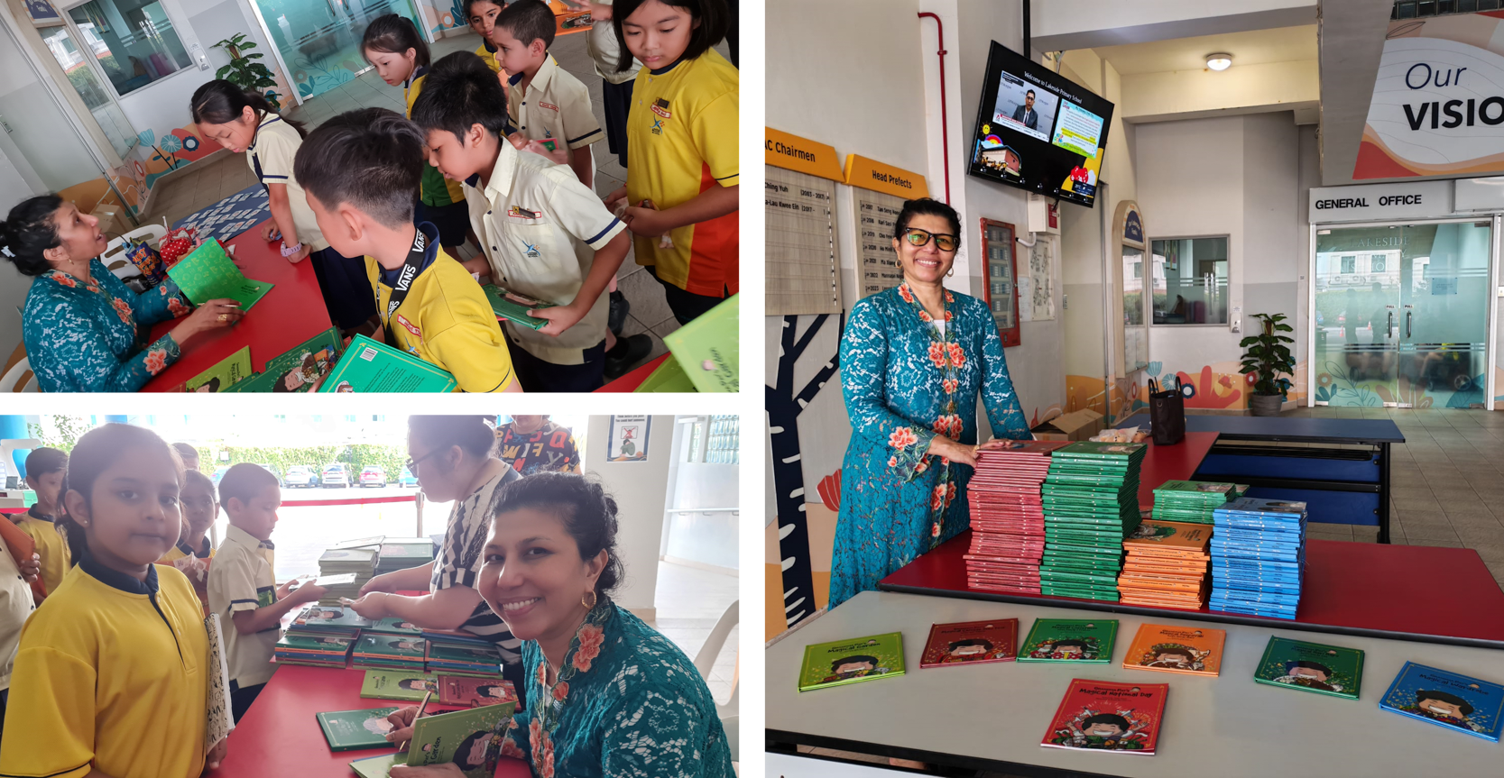 A woman in a teal floral dress distributes colorful books to uniformed schoolchildren in a school lobby.