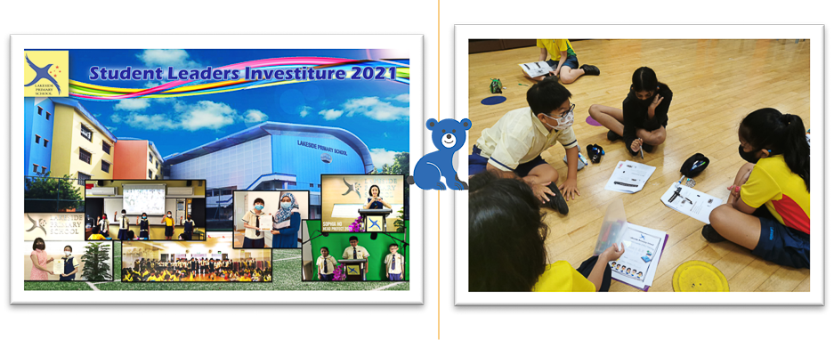 Twice a year, the Leaders Appointment Ceremony and Student Leaders Investiture celebrate leadership and recognize different groups of student leaders in Lakeside Primary School (left). Peer Support Leaders are identified and undergo training at P4, to look out for their peers who need a pair of listening ears and helping hands (right).